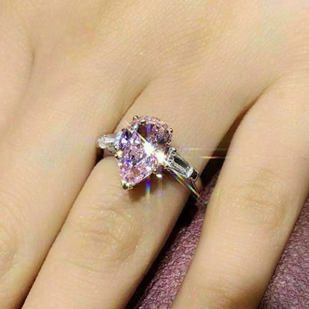 Pink Stone Engagement Ring, Pear Shaped Promise Ring, Bling Solitaire Ring